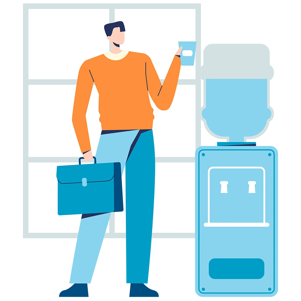 Dibujo trabajador delante de dispensador agua